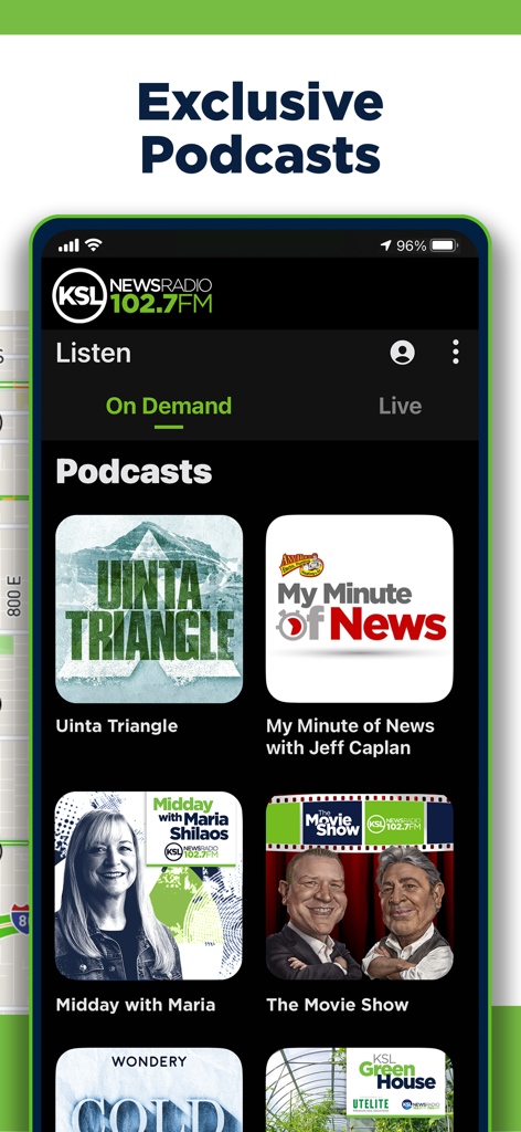 KSL NewsRadio app screen showing a library of exclusive on-demand podcasts including Uinta Triangle and Midday with Maria