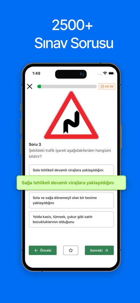 Ehliyet Rehberi Sınav Soruları - Mobile screen of the Turkish driving license app showing a practice exam question about a traffic sign with multiple choice options.