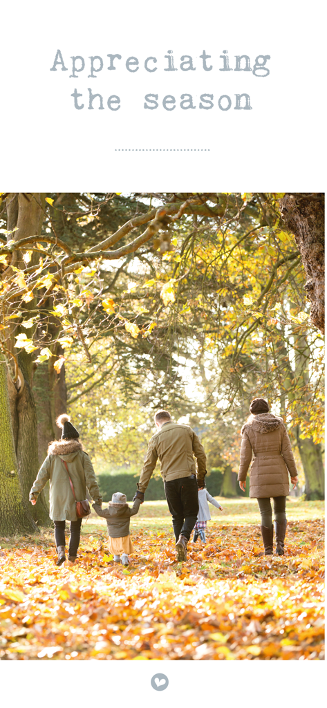 The Simple Things Magazine - A family walking through a sunlit park filled with yellow autumn leaves under the text Appreciating the season