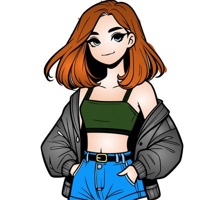 a realistic girl with a crop top and short shorts in an open jacket