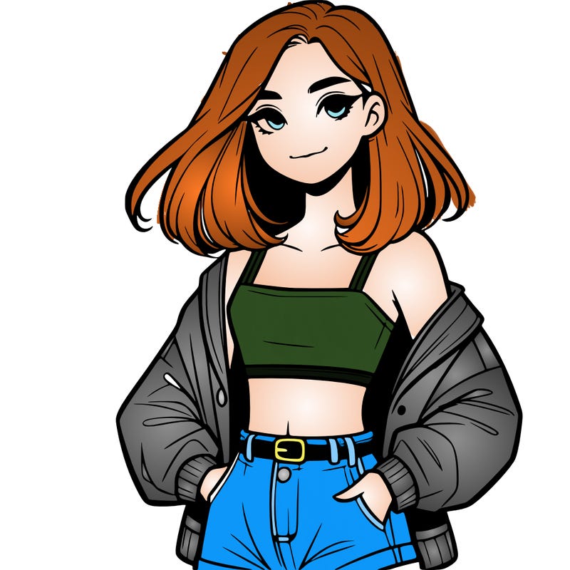 a realistic girl with a crop top and short shorts in an open jacket