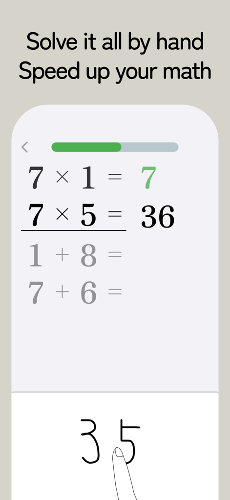 StudyX MathCal - Mental Math - StudyX MathCalアプリで、スマートフォンの画面に掛け算問題の解答を手書きしているユーザー。