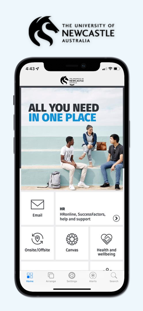 myUni University of Newcastle - Home screen of the myUni app for University of Newcastle students and staff featuring links to email canvas and health services