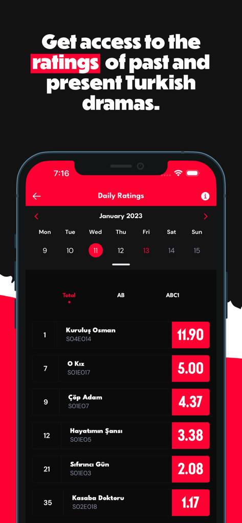 Dizilah - Dizilah app screen showing daily ratings for various Turkish drama series