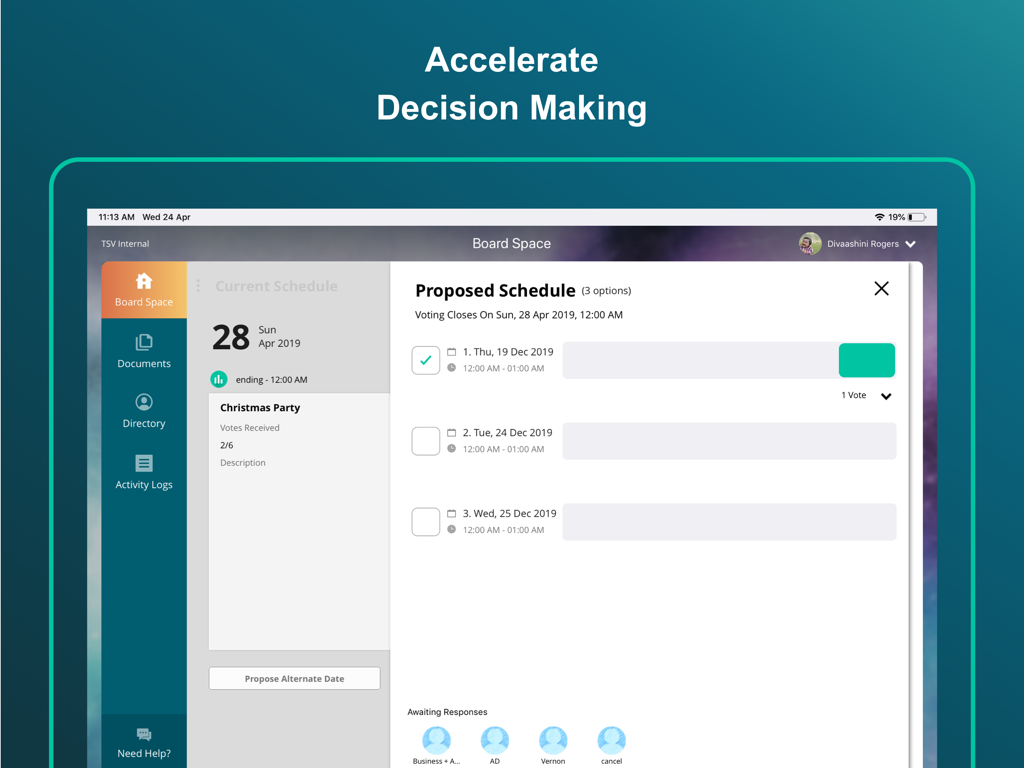 Board.Vision for iPad - Board.Vision iPad app interface for scheduling and voting on board meetings to accelerate decision making