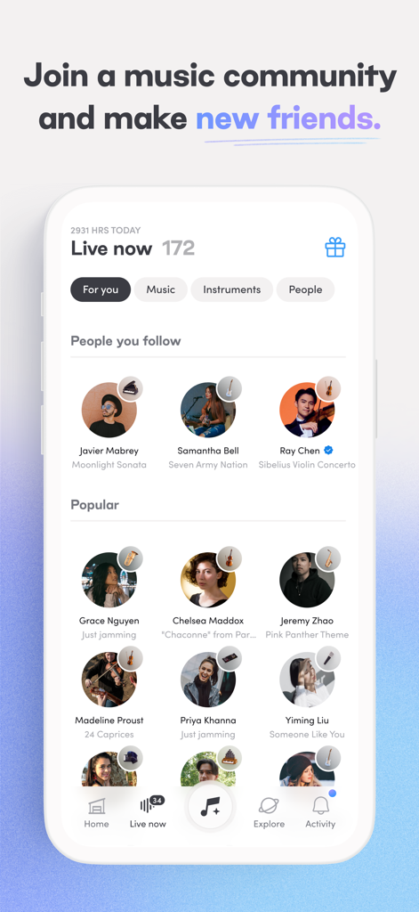 Tonic Music - Una pantalla de móvil que muestra el feed de la comunidad de Tonic Music con sesiones de práctica en vivo de diferentes músicos.