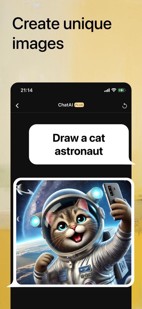 Chat AI: Ask Chatbot Assistant - Chat AI app interface showing a generated image of a cat in a spacesuit from a text prompt