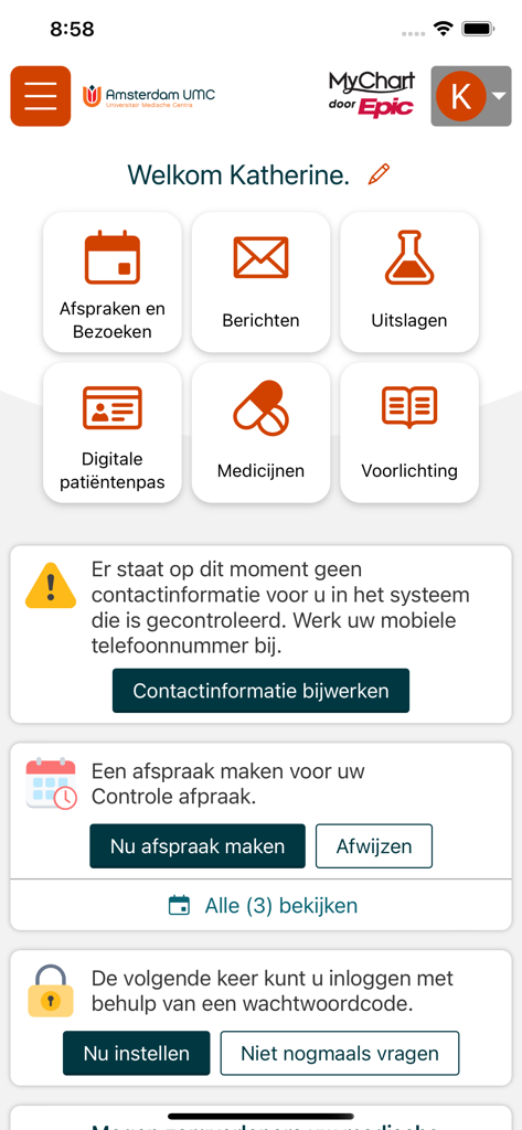 Mijn Dossier Amsterdam UMC - Main dashboard of the Mijn Dossier Amsterdam UMC app displaying icons for medical appointments, messages, results, and medications.
