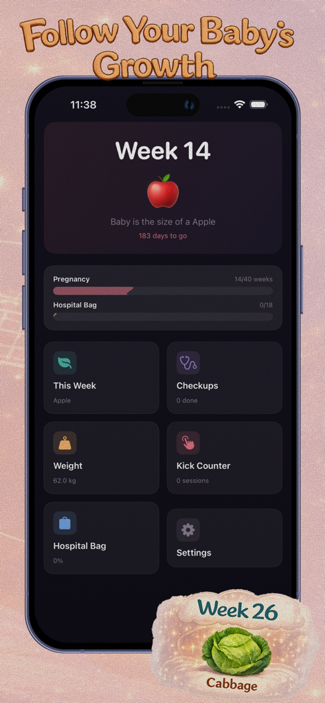 Baby Journey - Una captura de pantalla del panel de la aplicación Baby Journey que muestra el progreso del embarazo en la semana 14 con un icono de manzana y varias funciones de seguimiento.