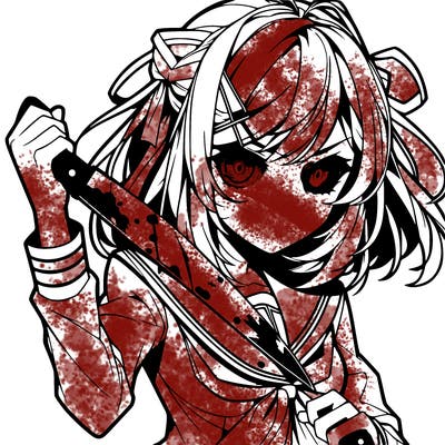 a anime girl holding a knife and the knife has blood on it