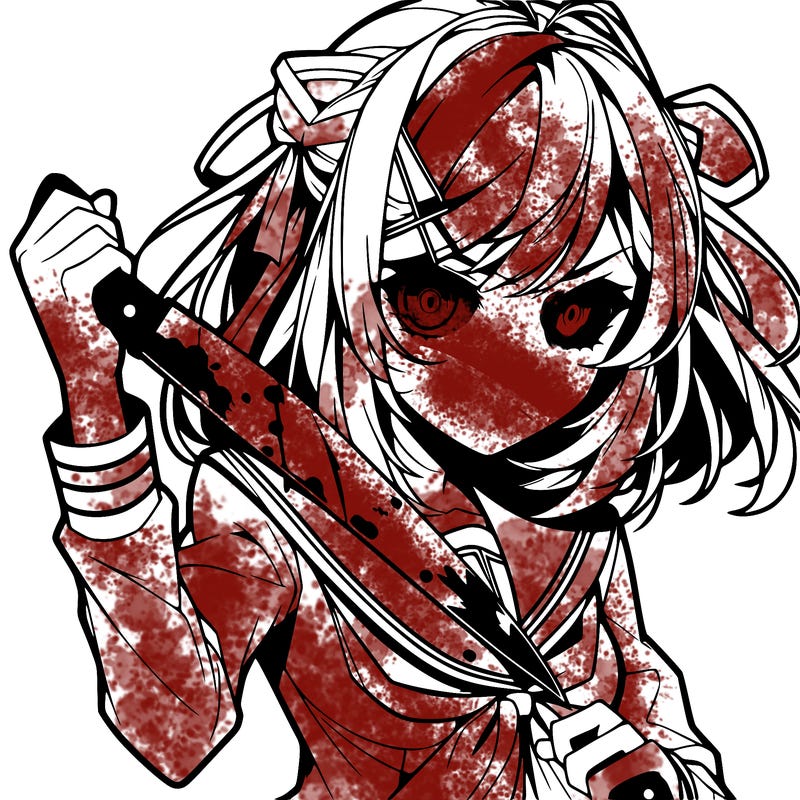 a anime girl holding a knife and the knife has blood on it