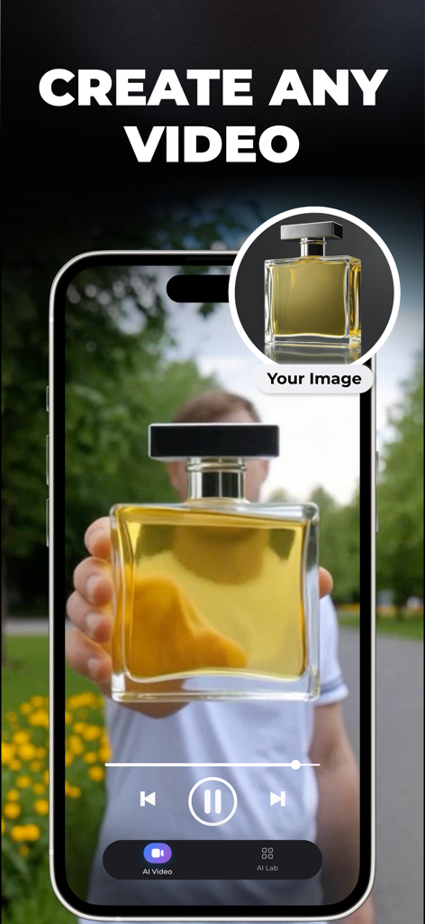 AI Video Generator Astoria - Aplicación Astoria AI que muestra cómo crear un vídeo a partir de una foto de una botella de perfume
