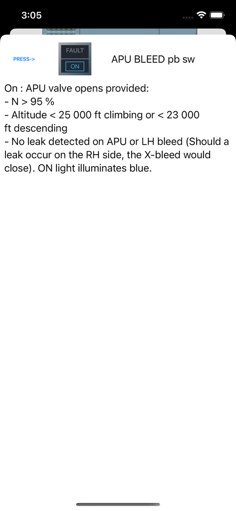 A330Cockpit - Technical explanation screen for the APU BLEED pushbutton switch in the A330Cockpit app.