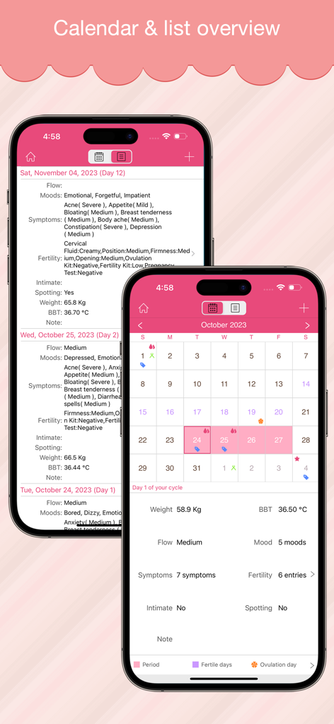 Period Log Pro - Screenshot of Period Log Pro app displaying the menstrual cycle calendar and detailed health tracking list view.