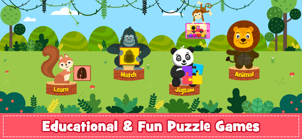 Kids Puzzle & Toddler Games 2+ - Juegos de puzzles educativos y divertidos para niños pequeños con animales de dibujos animados como gorila, panda y león.