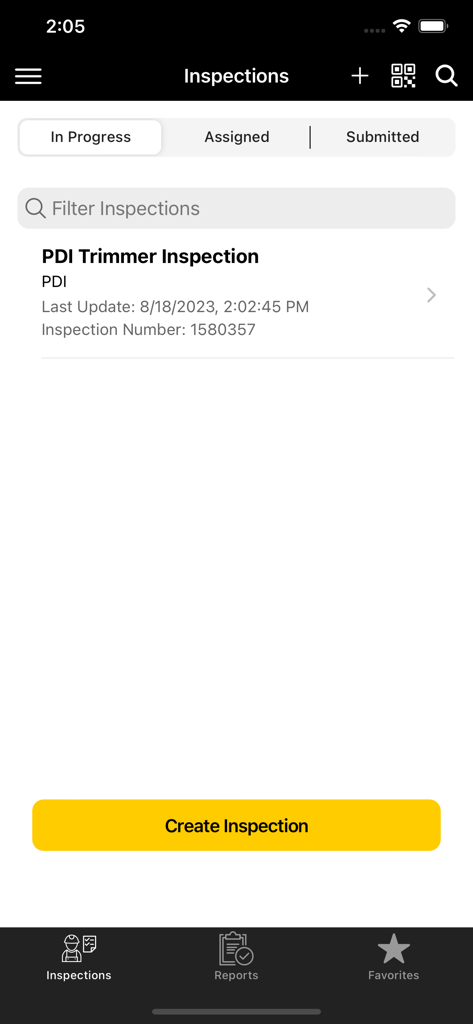 Cat® Inspect - Cat Inspect mobile app interface showing a list of machine inspections and a yellow Create Inspection button.