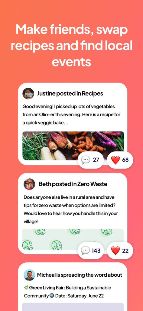Interface de l'application OLIO montrant des publications communautaires pour le partage de recettes, des conseils zéro déchet et des événements locaux.