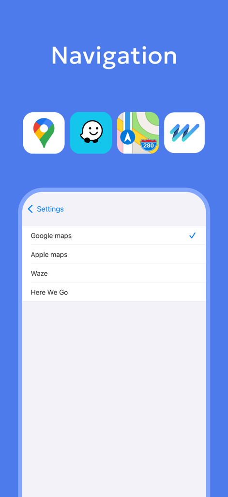 Optiway Multi Stop Planner - Selection screen for choosing preferred navigation apps like Google Maps or Waze in Optiway