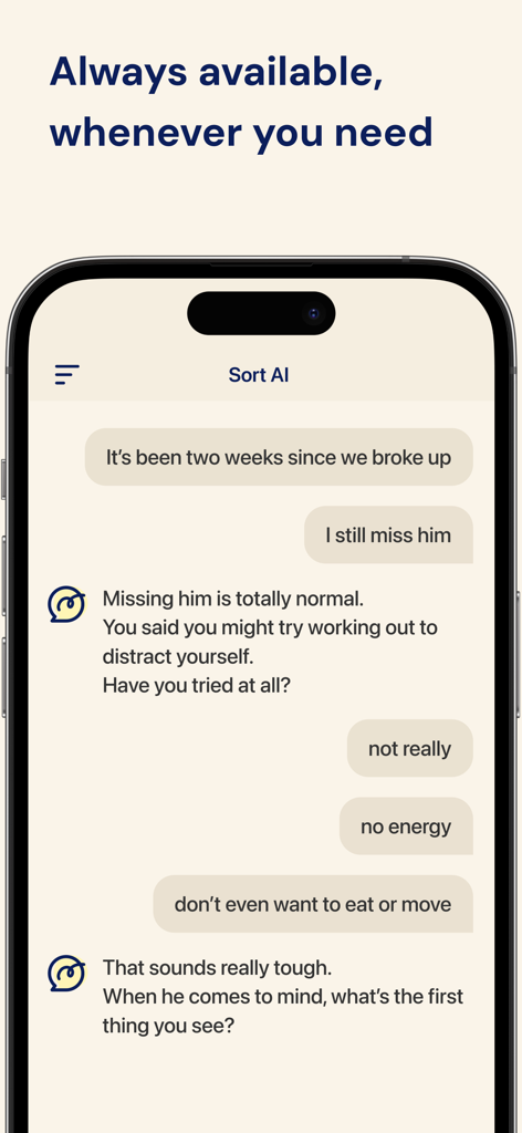 Sort AI: Your Mental Companion - A smartphone screen showing the Sort AI app interface with a supportive chat conversation about emotional processing