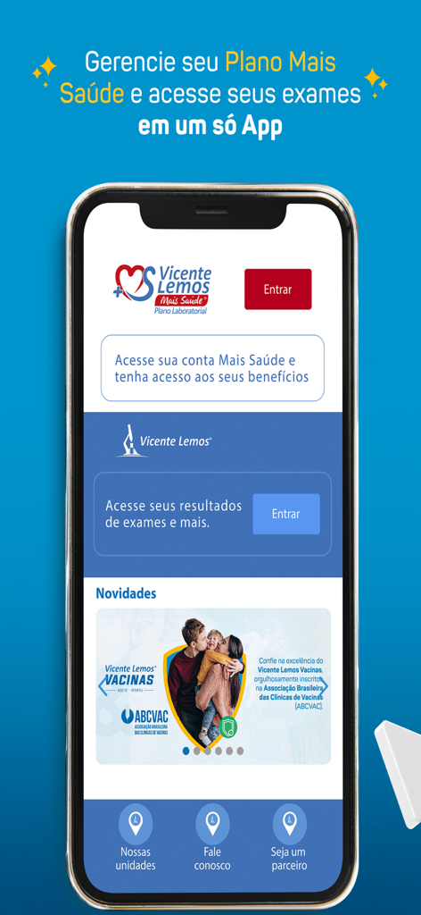 Vicente Lemos - Home screen of the Vicente Lemos mobile app showing options to manage health plans and view laboratory exam results