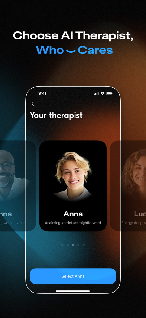 ChatMind: AI Therapist - Interface of the ChatMind app showing a carousel to select a personalized AI therapist with different personality traits