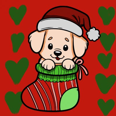 cute puppy wearing santa hat in socking