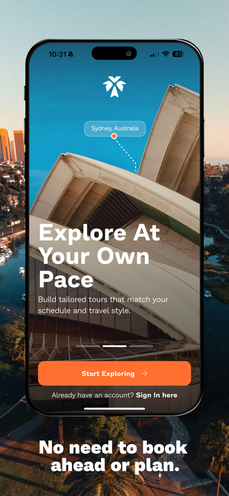 MyGuideGuru: Audio Tours - MyGuideGuru app landing screen showing a personalized audio tour for Sydney Australia