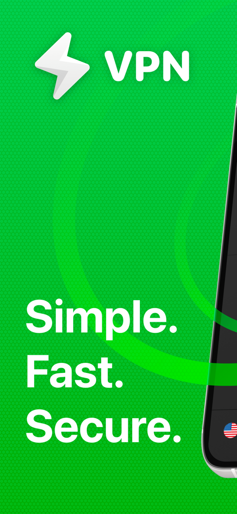 VPNアプリのプロモーション画面。緑色の背景に「シンプル、高速、安全」というスローガンが表示されています。