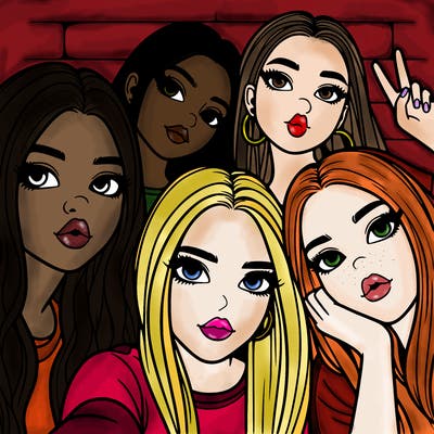 group of teen girls friends y2k up close in a selfie