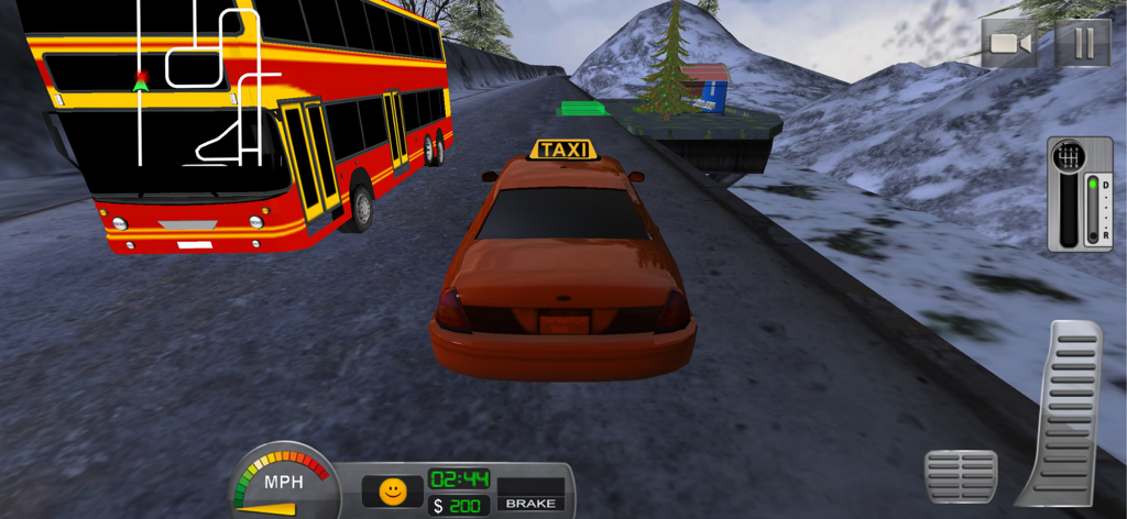 Taxi Driver 3D : Hill Station - Orange taxi driving on a snowy mountain road next to a red bus in Taxi Driver 3D Hill Station.