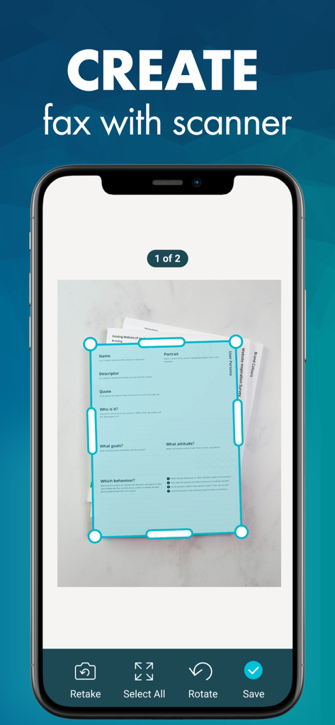 A screenshot of the Easy Fax app showing an iPhone scanning a document with automatic border detection for sending a fax.