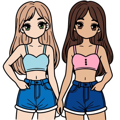 two sisters with crop tops and jean shorts and straight hair