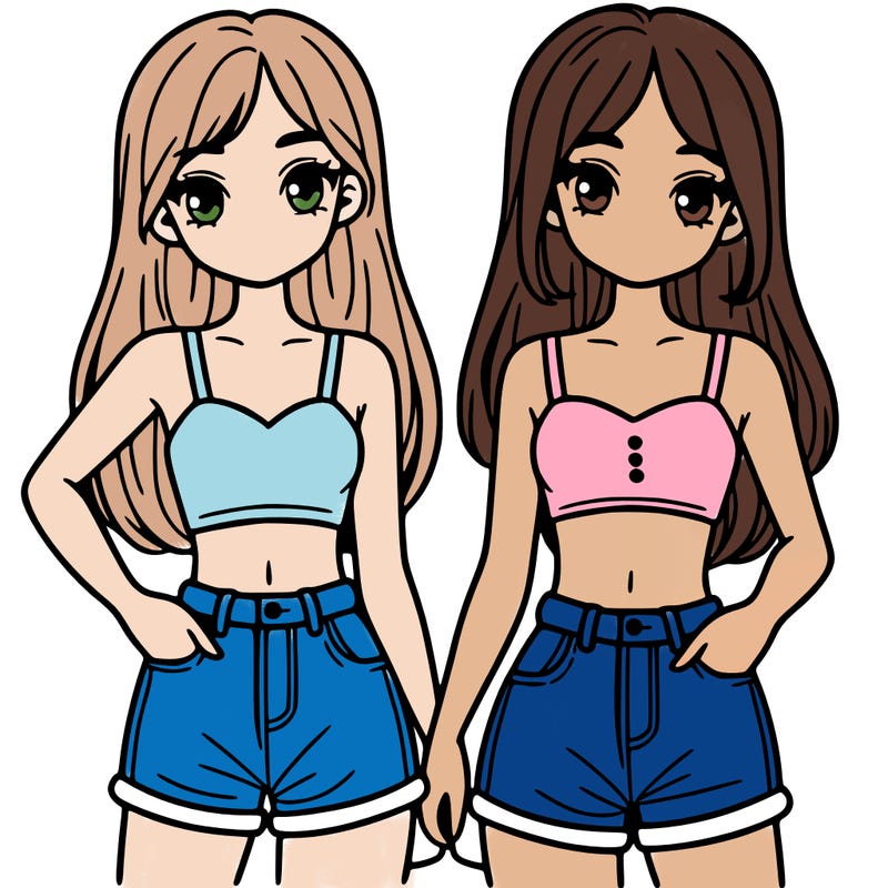 two sisters with crop tops and jean shorts and straight hair