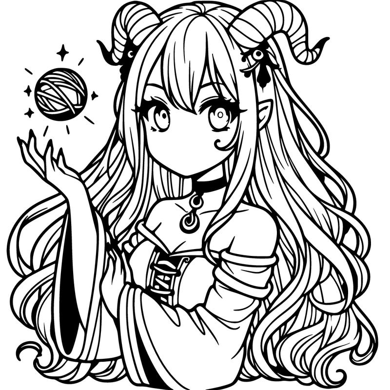 long haired girl with horns and magic orb in her hand