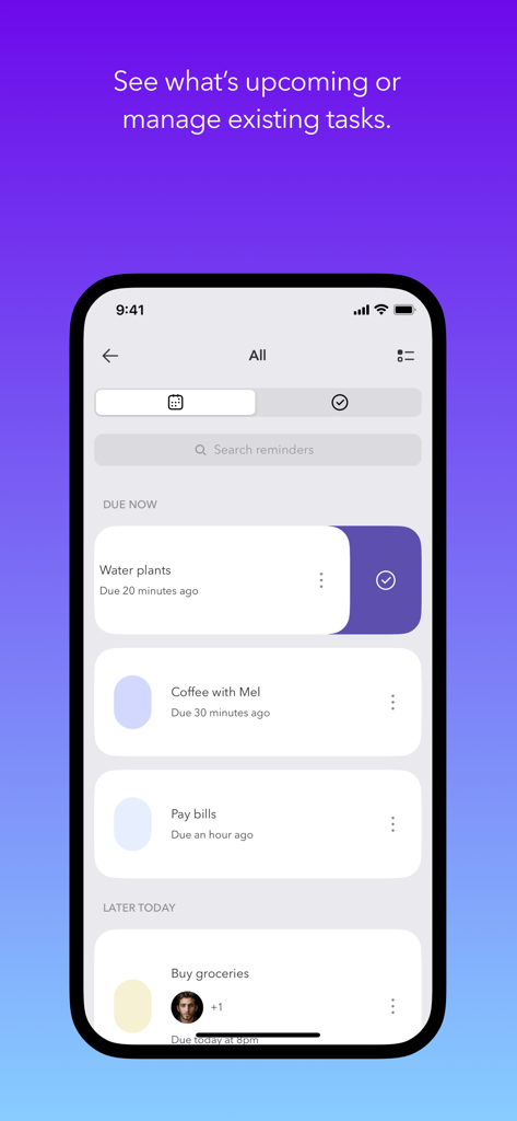 Task management screen of the Doo app showing upcoming reminders in a clean card layout