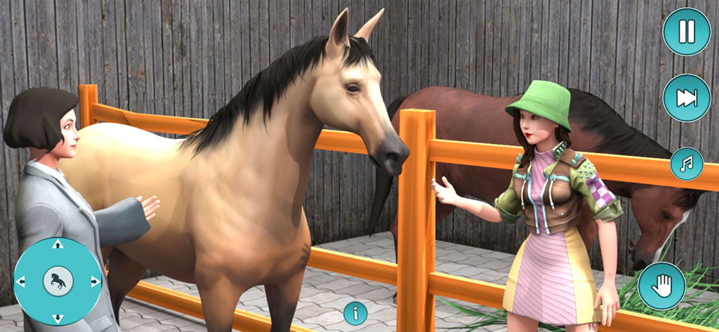 Un veterinario y una niña interactuando con un caballo en un establo dentro de un juego de simulación 3D