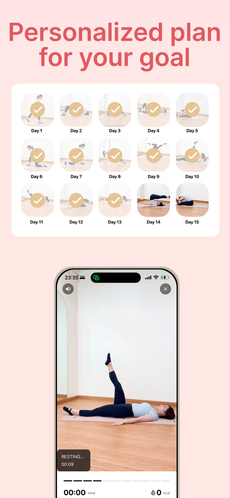 Asian pilates: Pilates at Home - Personalized pilates workout plan showing daily progress and exercise video