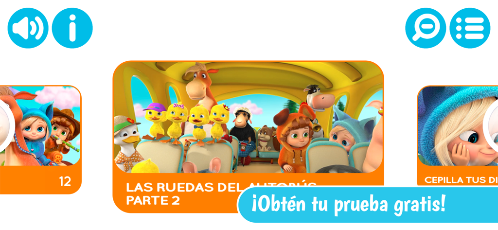 Canciones InfantiIes - Interface of the Dave and Ava app in Spanish showing nursery rhyme videos and a free trial banner