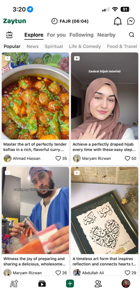 Zaytun AI explore screen displaying a variety of halal lifestyle videos including cooking tutorials and Islamic art