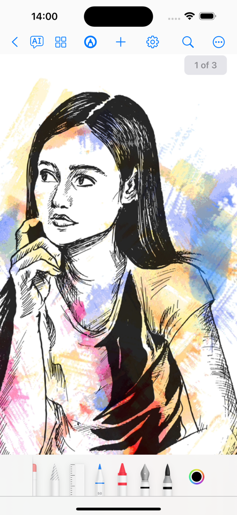 Quick Notes - PDF Easy Notes! - A digital portrait sketch of a woman created with various drawing tools in the Quick Notes app