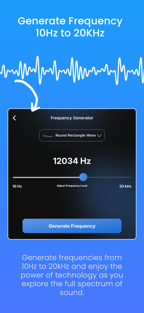 Speaker Cleaner & Sound Boost - Frequency generator screen in the Speaker Cleaner and Sound Boost app showing adjustable sound wave settings