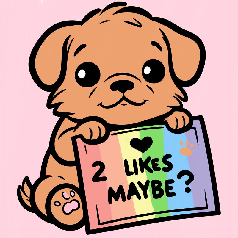 a puppy holding a sign that says 2 likes maybe?