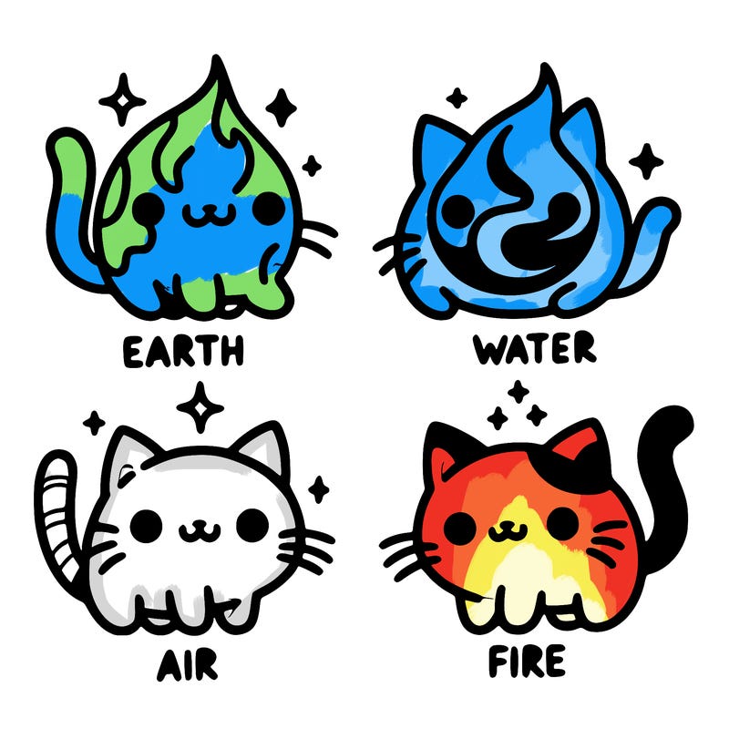 4 cats that represent the different elements, earth, water, air, and fire
