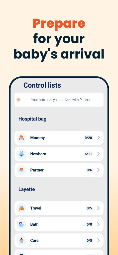 HiDaddy app interface showing preparation checklists for hospital bag and baby layette
