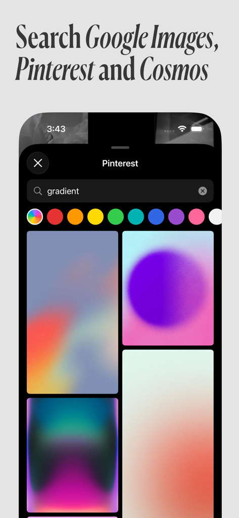 Vision Board Maker | Manifest - Interfaz de la aplicación Creador de Tableros de Visión que muestra una búsqueda integrada en Pinterest de imágenes degradadas estéticas.