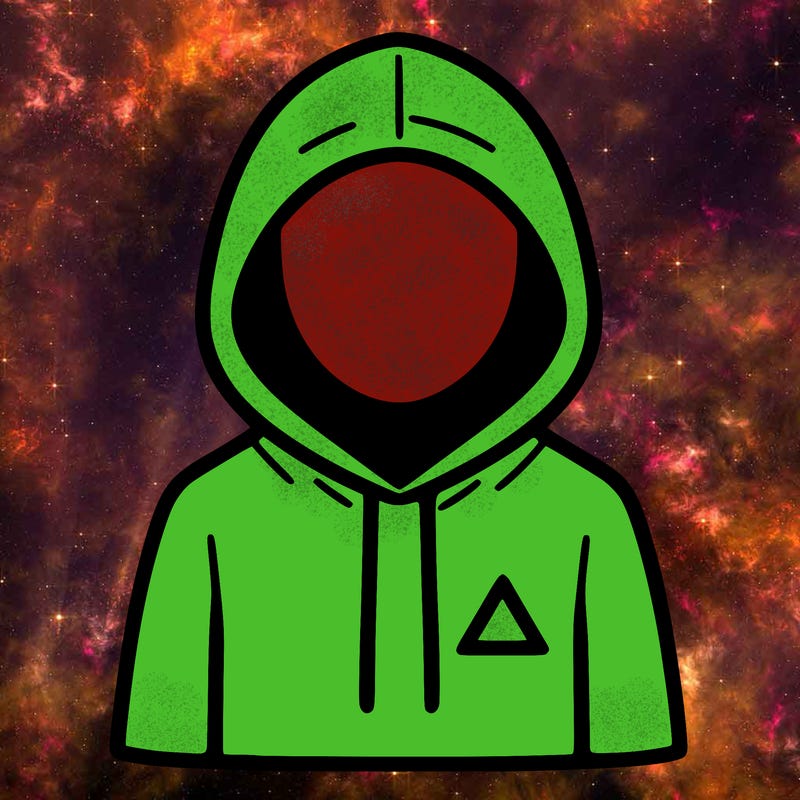 a person with non face waering a hoodie with a small triangle symbol