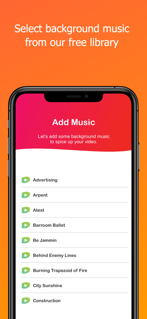 VidKids: Make Fun Videos! - VidKids app interface showing a list of free background music tracks for children to add to their video projects