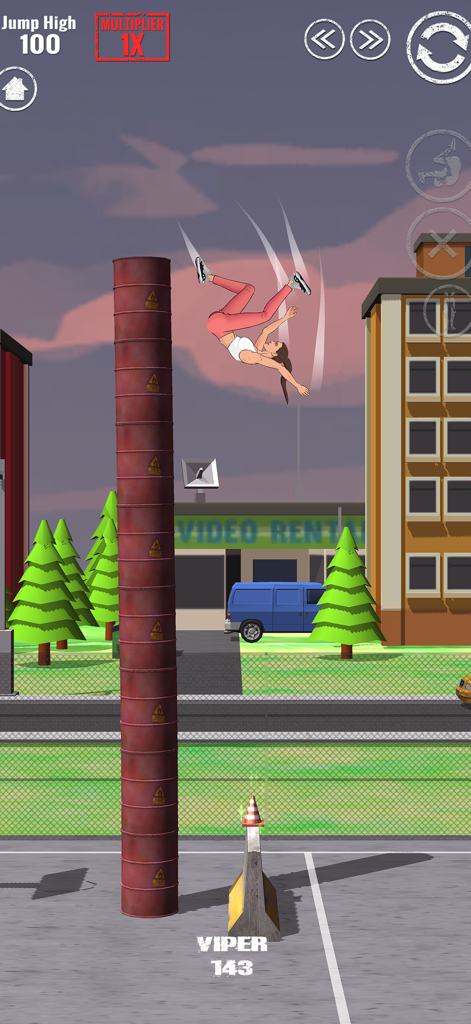 SWAGFLIP Parkour Origins - Um personagem de parkour realizando um salto mortal no ar ao lado de uma pilha de barris em um cenário urbano