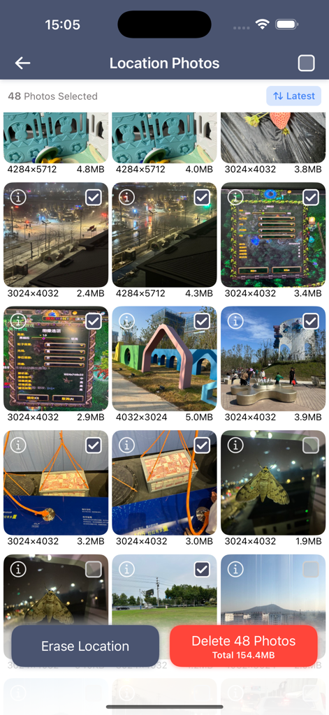 Clean Master - Manage Photos - Pantalla de la aplicación Clean Master que muestra opciones para borrar datos de ubicación y eliminar fotos en bloque