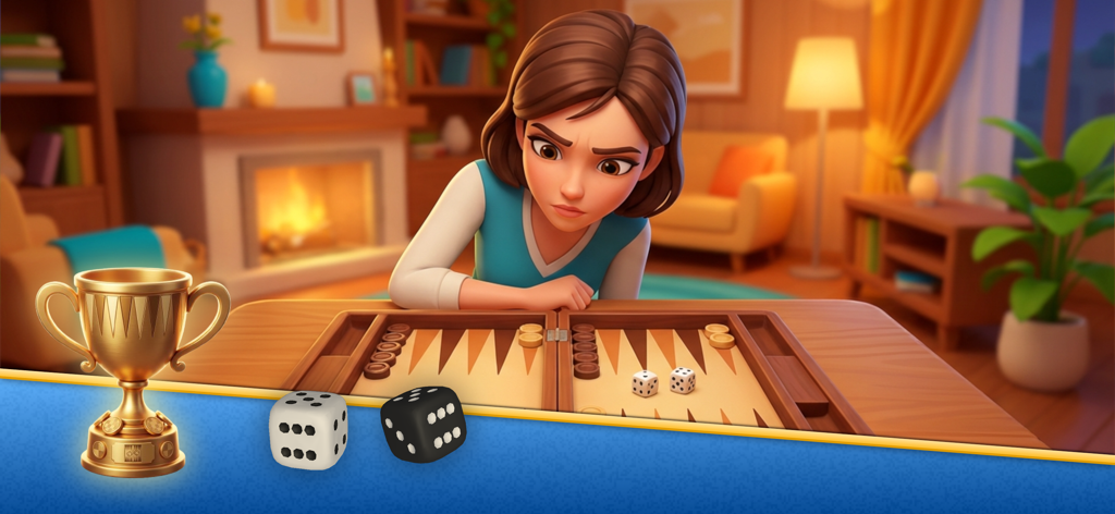Eine Frau konzentriert sich auf ein Backgammon-Brettspiel in einem gemütlichen Wohnzimmer mit einer goldenen Trophäe und Würfeln im Vordergrund
